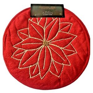 Rachel Zoe Christmas Poinsettia Placemats 15" Rd Red Gold Embroidered Set of 4